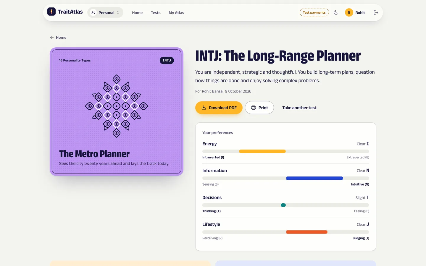 A 16 Personality Types report: the INTJ label with its trait print, four preference bars and the summary