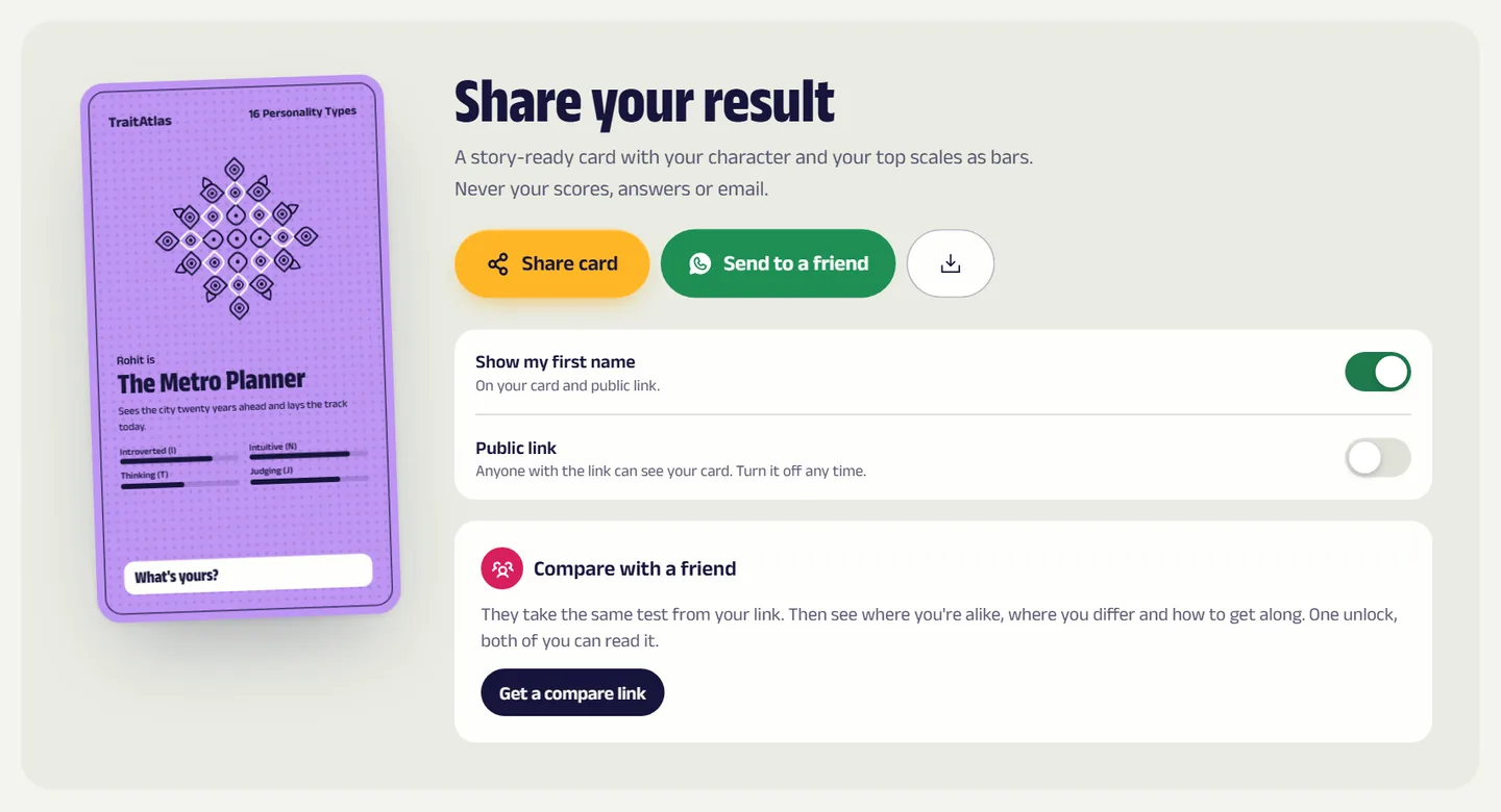 The share panel on a result: a card preview with buttons to share, send on WhatsApp and download